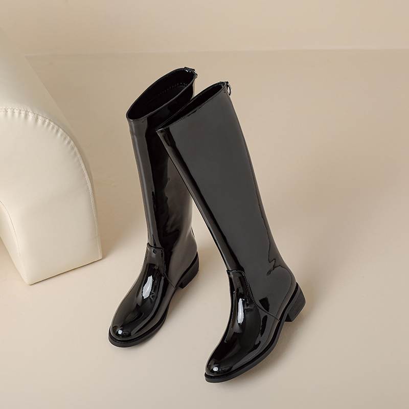 Krazing Pot Осенне-зимняя обувь из коровьей кожи, сапоги для верховой езды, круглый носок, сохраняющий тепло, квадратная металлическая пряжка, высокие каблуки