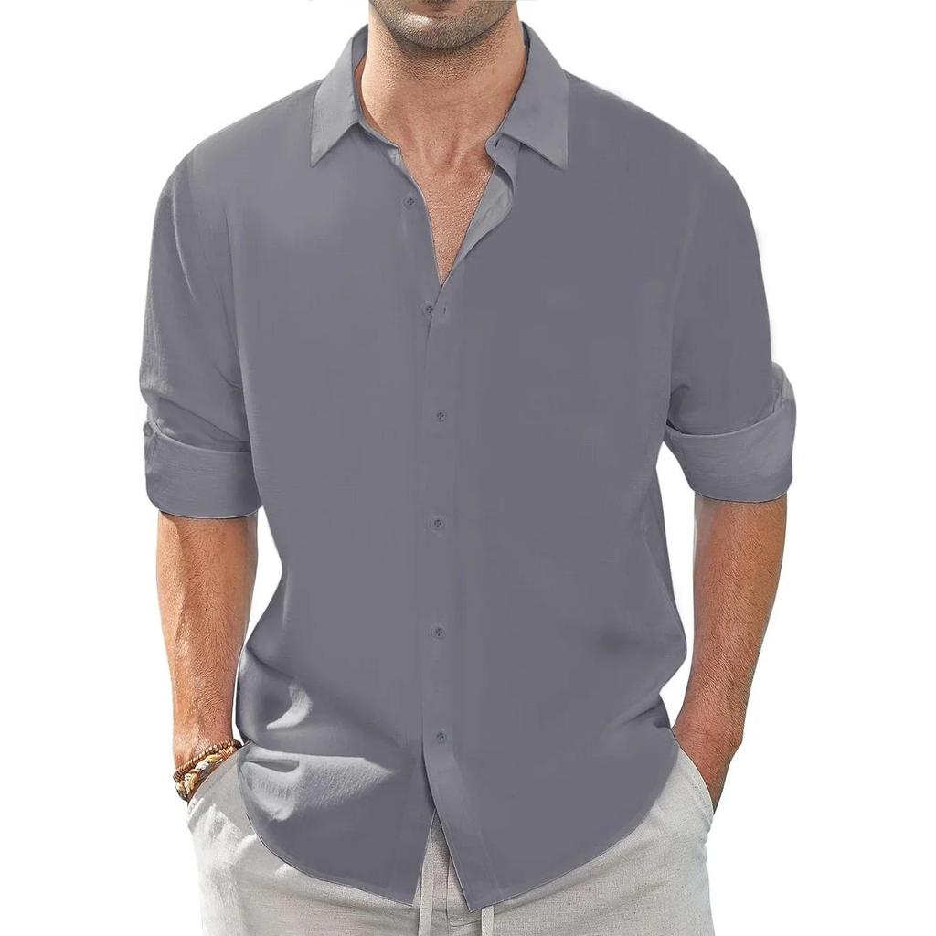 Осень Новая Мужская Рубашка Повседневная Хлопок Лен Дышащая Базовый Стиль Однобортная Мужская С Лацканами Верх