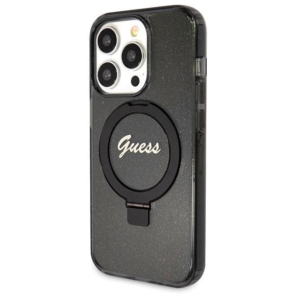 Guess Ring Stand Script Glitter Magsafe Case For Iphone 13 Pro / 13 - Black