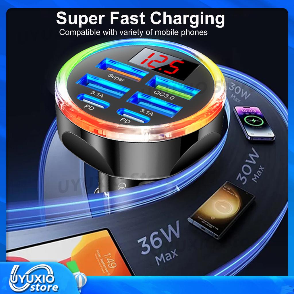 6 in 1 USB Car Phone Charger with LED Voltage Monitor Super Fast Charge Adapter for Huawei Oneplus OPPO VIVO Samsung iPhone
