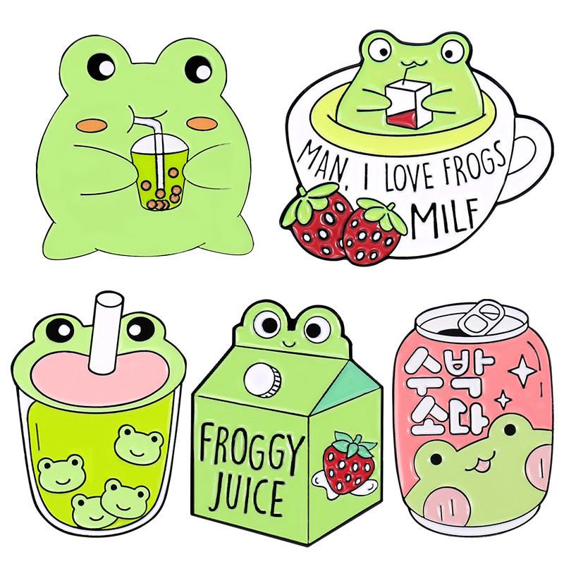 Adorable Cartoon Frog Milk Tea Cute Animal Brooch Alloy Pin For Everyone Stylish Accessory