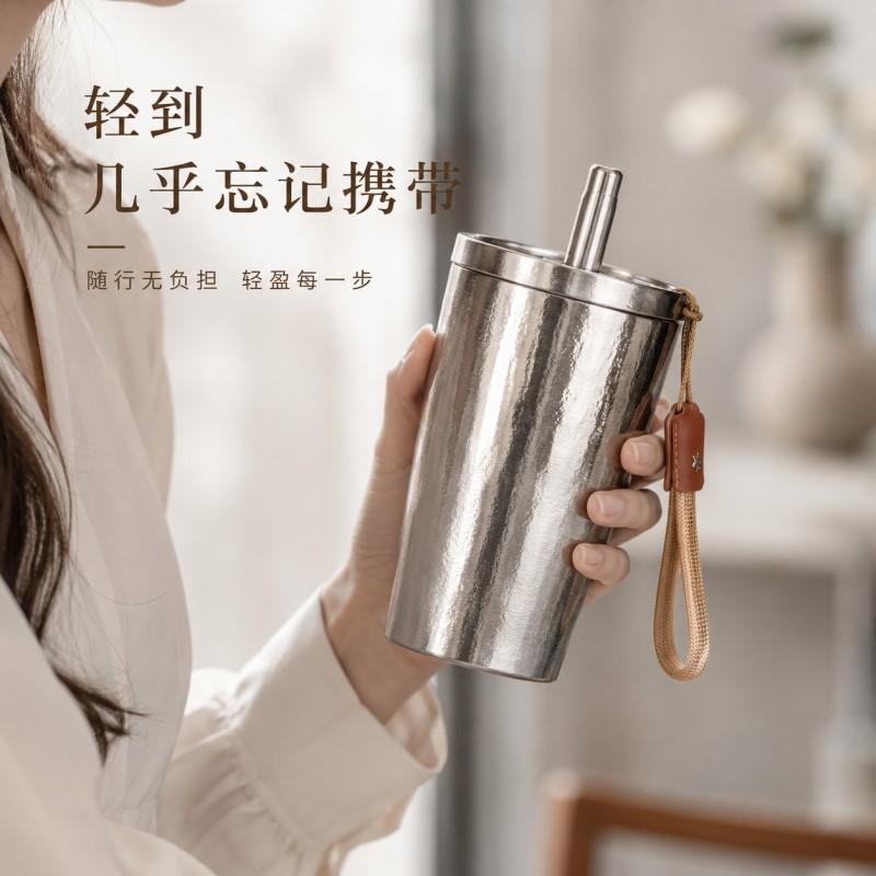 Pure Titanium Insulated Travel Mug 500ml With Straw Lid Portable Vacuum Flask Office Car Outdoor Use