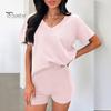 2 шт./комплект женский футболка шорты комплект костюм V-образный вырез короткий рукав однотонный свободный топ высокая талия мини шорты спортивный наряд повседневный спортивный костюм