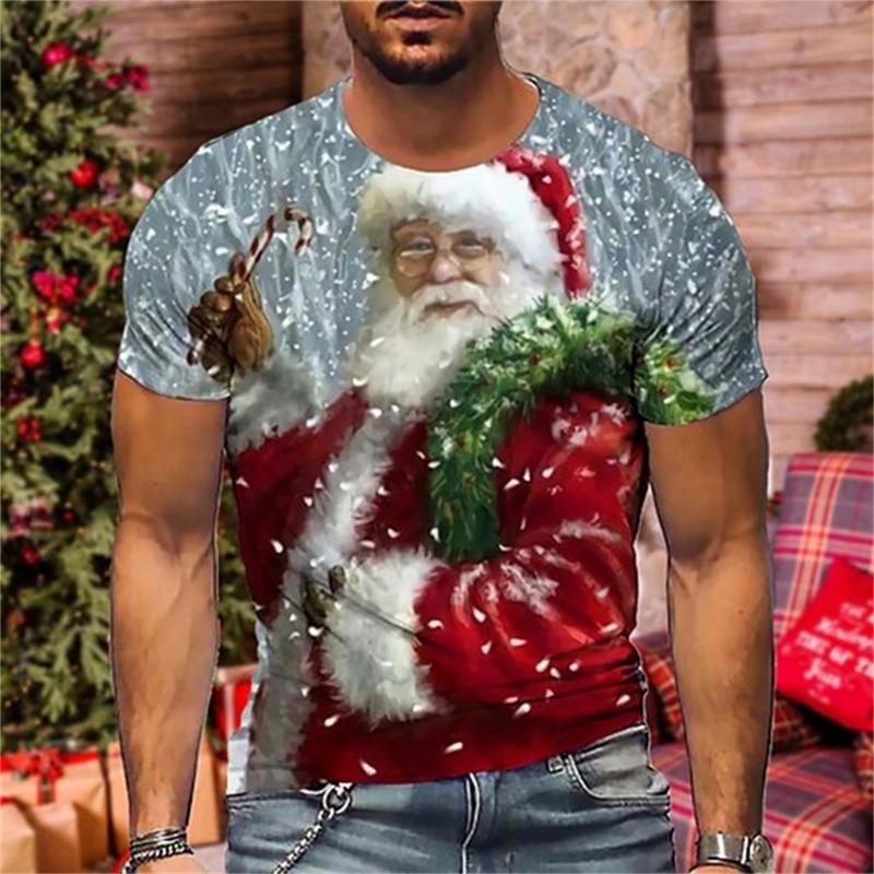 Men's Summer Christmas Print 3dt Shirt O Collar Short Sleeve Santa Claus Holiday Party Casual Loose Plus Size Top Clothing T-Shirts Men’s