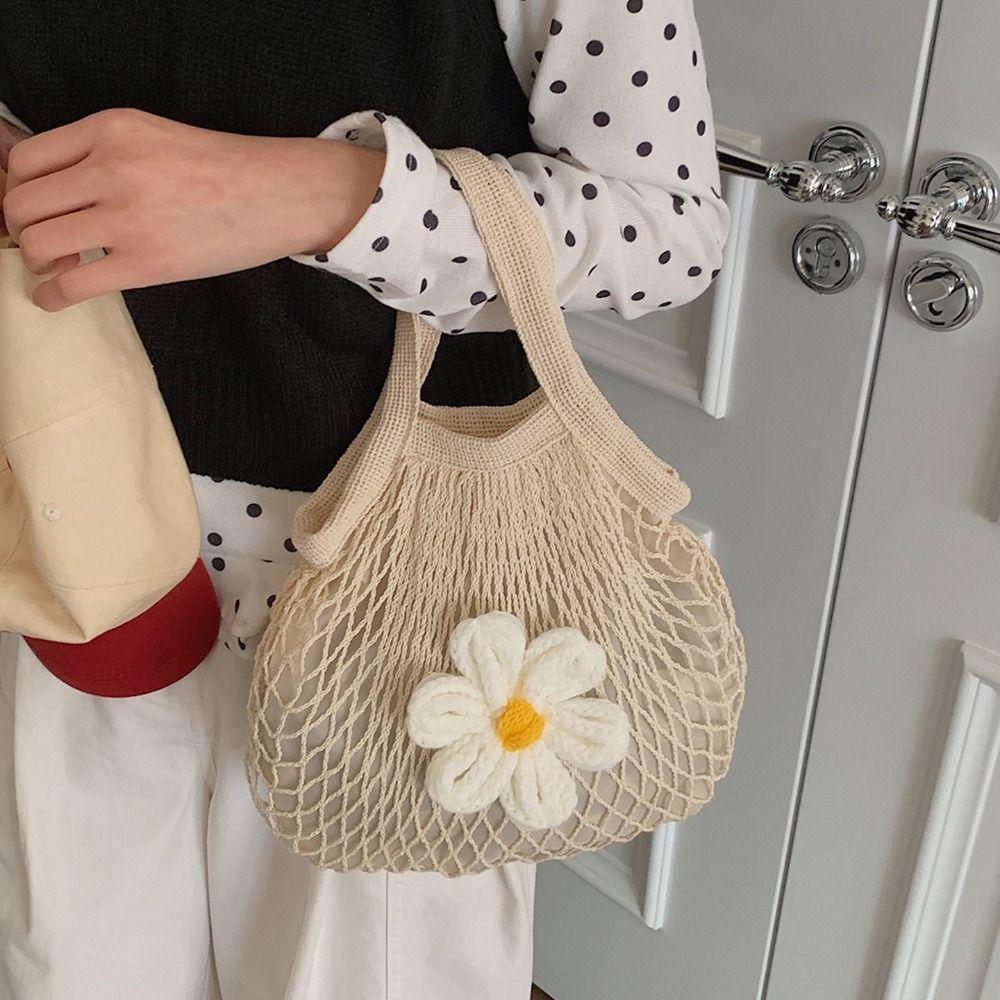 Large Capacity Hollow Out Weave Bag Flower Nylon Mesh Tote Bag Foldable Woven Handbag Shopping Bag