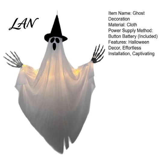 Glowing Ghost Decoration Halloween Hanging with Witch Hat, Light Up Spooky Haunted House Props Outdoor Decor for Porch Tree, Scene Ornament