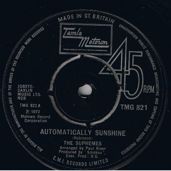 7-дюймовая пластинка SUPREMES - Automatically Sunshine TMG821 Tamla Motown 1972 UK Соул/Фанк Б/У