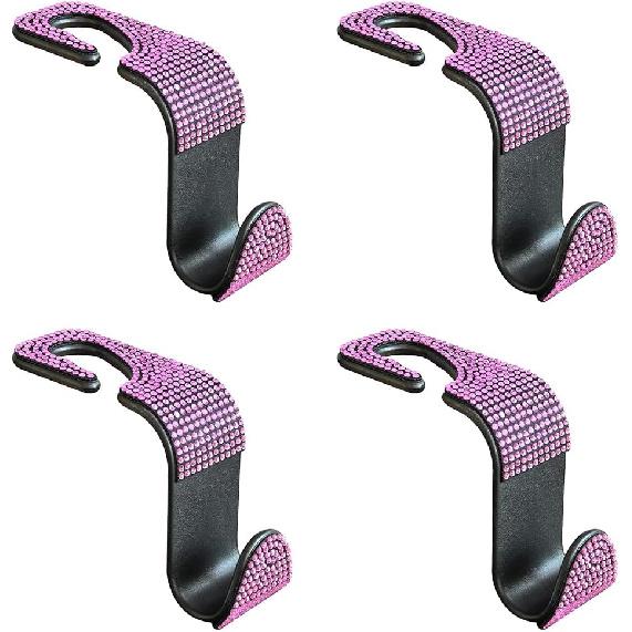 4PCS Bling Car Seat Headrest Hook, Crystal Rhinestone Backseat Hanger Organizer for Purse Handbag Umbrella, Shiny Auto Interior Seat Back Storage