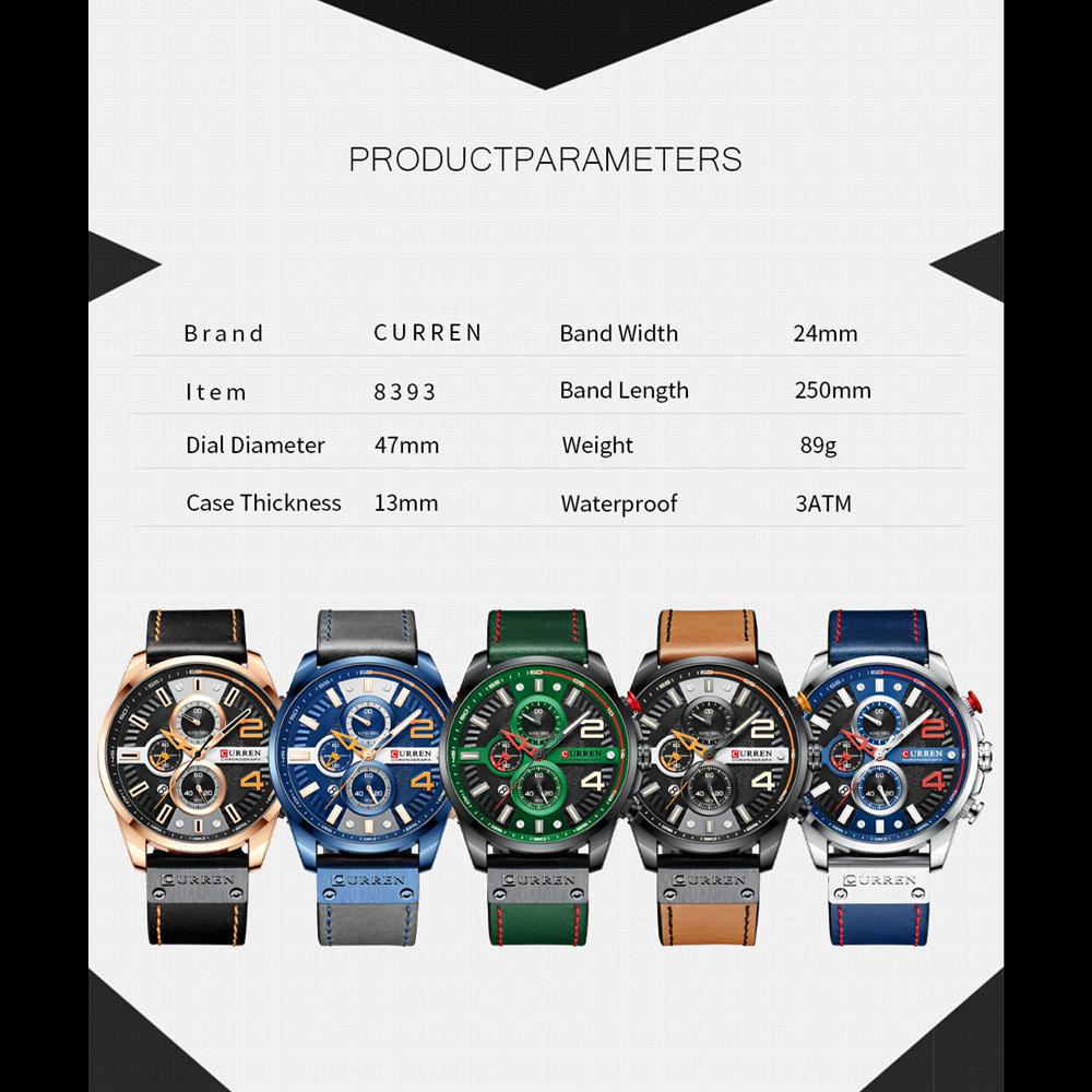 CURREN Мужские кожаные наручные часы с хронографом, модные зеленые мужские часы с дизайнерским циферблатом