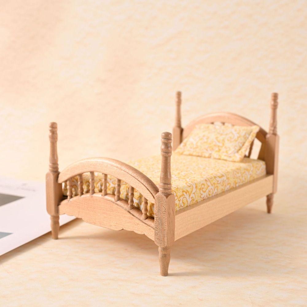 Bedroom Dollhouse Wood Bed 1:12 Simulation Single Bed Miniature Wood Bed  Pretend Play