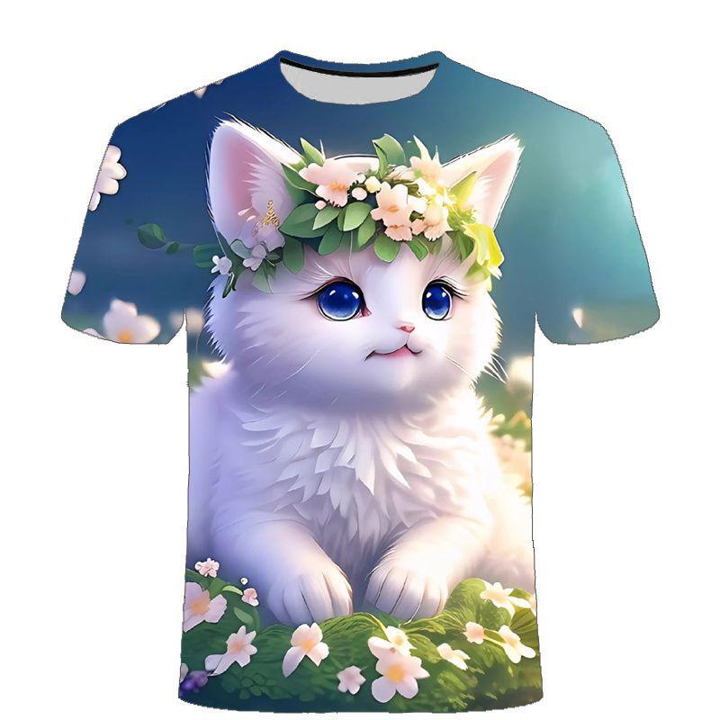 Summer Men's Cute Cat 3D Printed Short Sleeved T-shirt Street Style Urban Fashion Round Neck Top Niche Comfortable Casual Loose Pullover