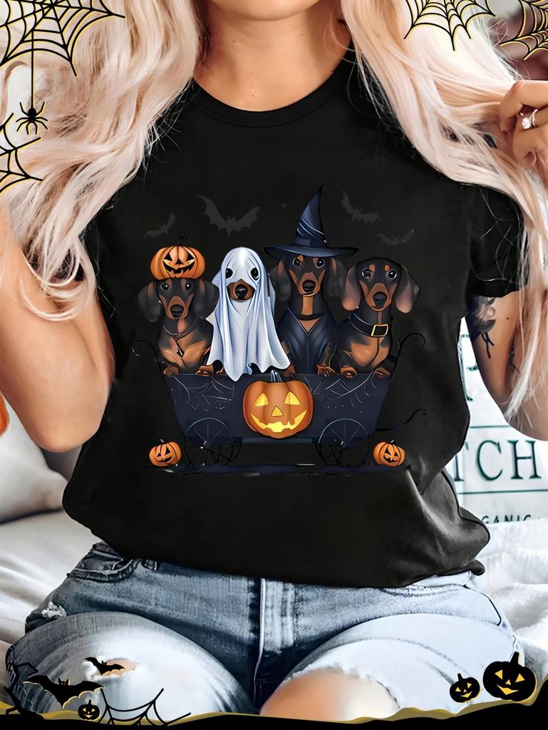 Halloween Goose T-Shirt Ghost Dog Fall T-Shirt Spooky Pumpkin Graphic Tees Short Sleeve T-Shirts Harajuku Tops Women's Clothing