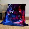 Two characters in red and blue lighting, with butterflies and a raven. for all seasons blanket lunch break throw gift