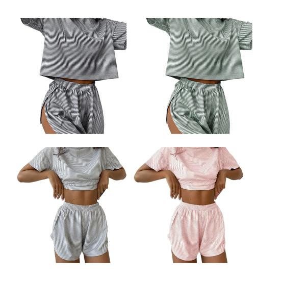 Комплект из 2 предметов летней домашней одежды: топ и брюки, полосатая пижама, свободная одежда для сна, футболка с коротким рукавом, эластичный пояс, шорты с разрезом