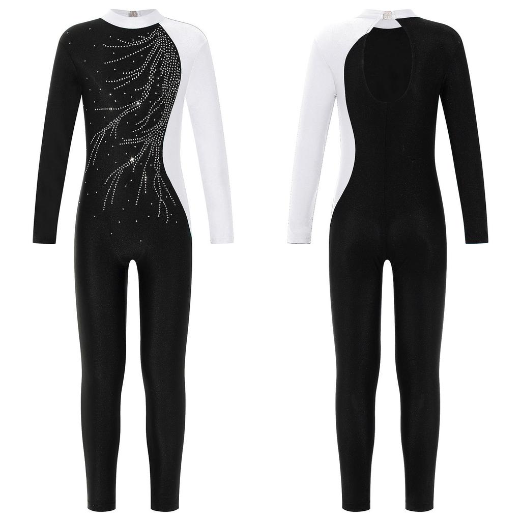 Kids Girls Long Sleeve Shiny Rhinestone Decor Dance Slim Fit Gymnastics Skating Leotard Jumpsuit