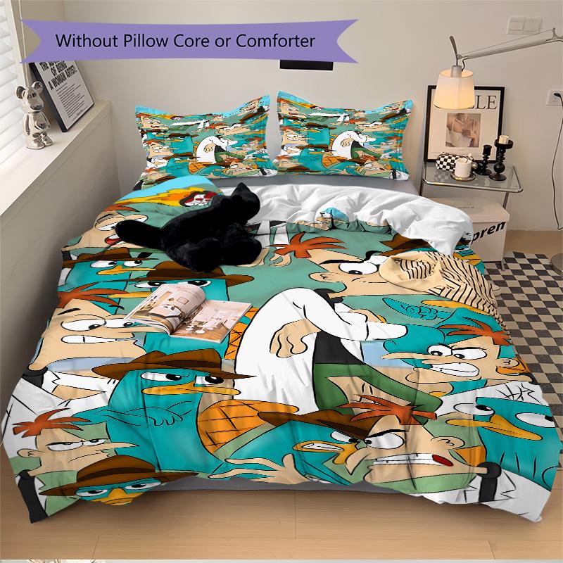 Phineas Ferb Villain Collage Print 3Pcs Bedding Set,Duvet Cover with 2 Bedro,Pillowcase Home Birthday Gift