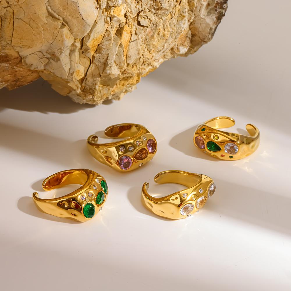 Stainless Steel Adjustable Ring for Women Colorful Crystals 18K Gold Color Rings Luxury Jewelry High-Quality Fashion Accessies