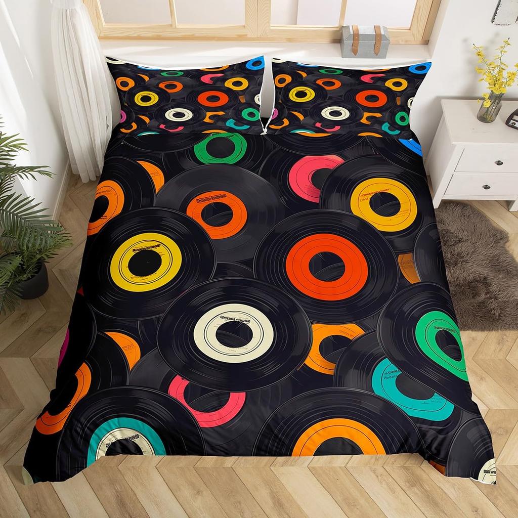 Cartoon Black Record Duvet Cover Set Retro Record Comforter Cover for Boy Girl Music Theme Bedding Set Queen King Duvet Covers