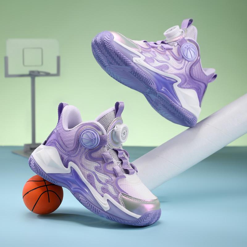 Breathable Single and Double Mesh Children's Basketball Shoes Boys 2025 Summer New Girls Non-slip Rotating Button Sneakers