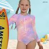 Girls High Neck Long Sleeve Front Zip One Piece Swimsuit Rainbow Galaxy Printed