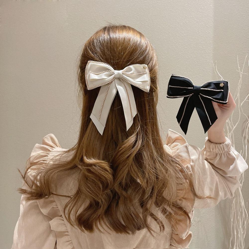 Gift Fashion Pearl Chain Women Side Clip Bow Hair Clip Spring Clip Hair Accessories