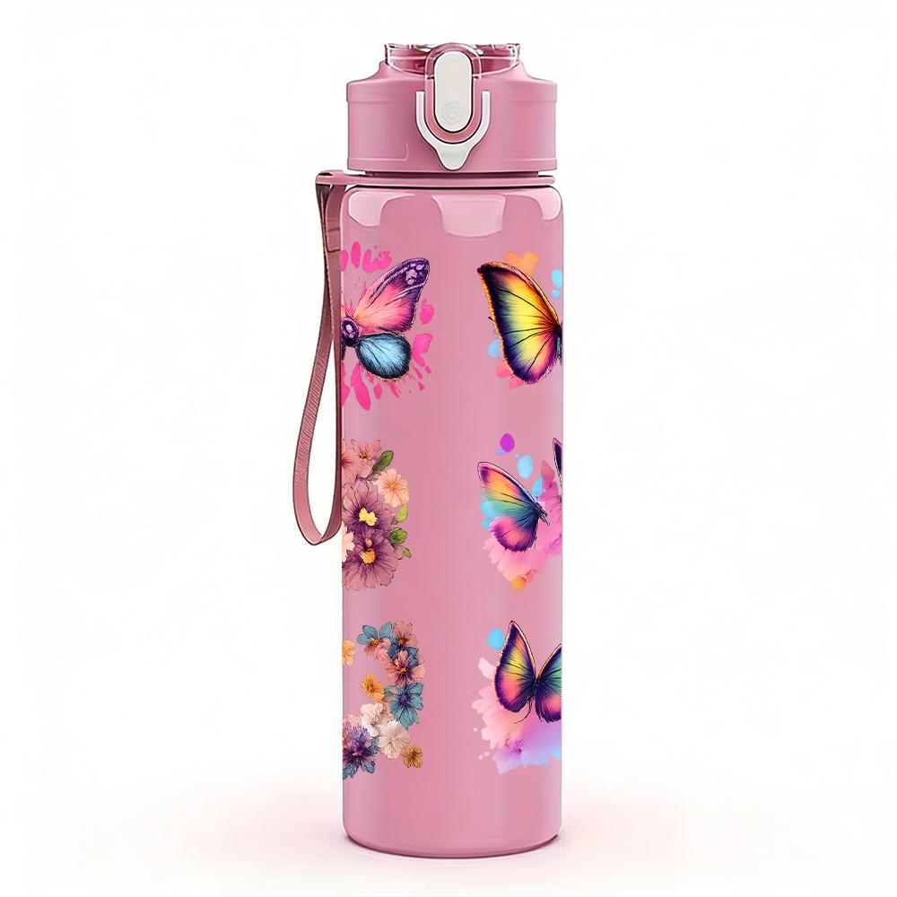 1PC Multi Color Butterfly Collage Graphic,750ml Color Plastic Sports Water Bottle,Leakproof Flip Straw Lid,Suitable for Sports Office Home Use