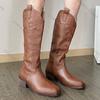 Fashion Comemore Women Western Boots Women Autumn Chunky Middle Heels Knee High Cowboy Boot Woman Side Zip Square Toe Brown Long Botas