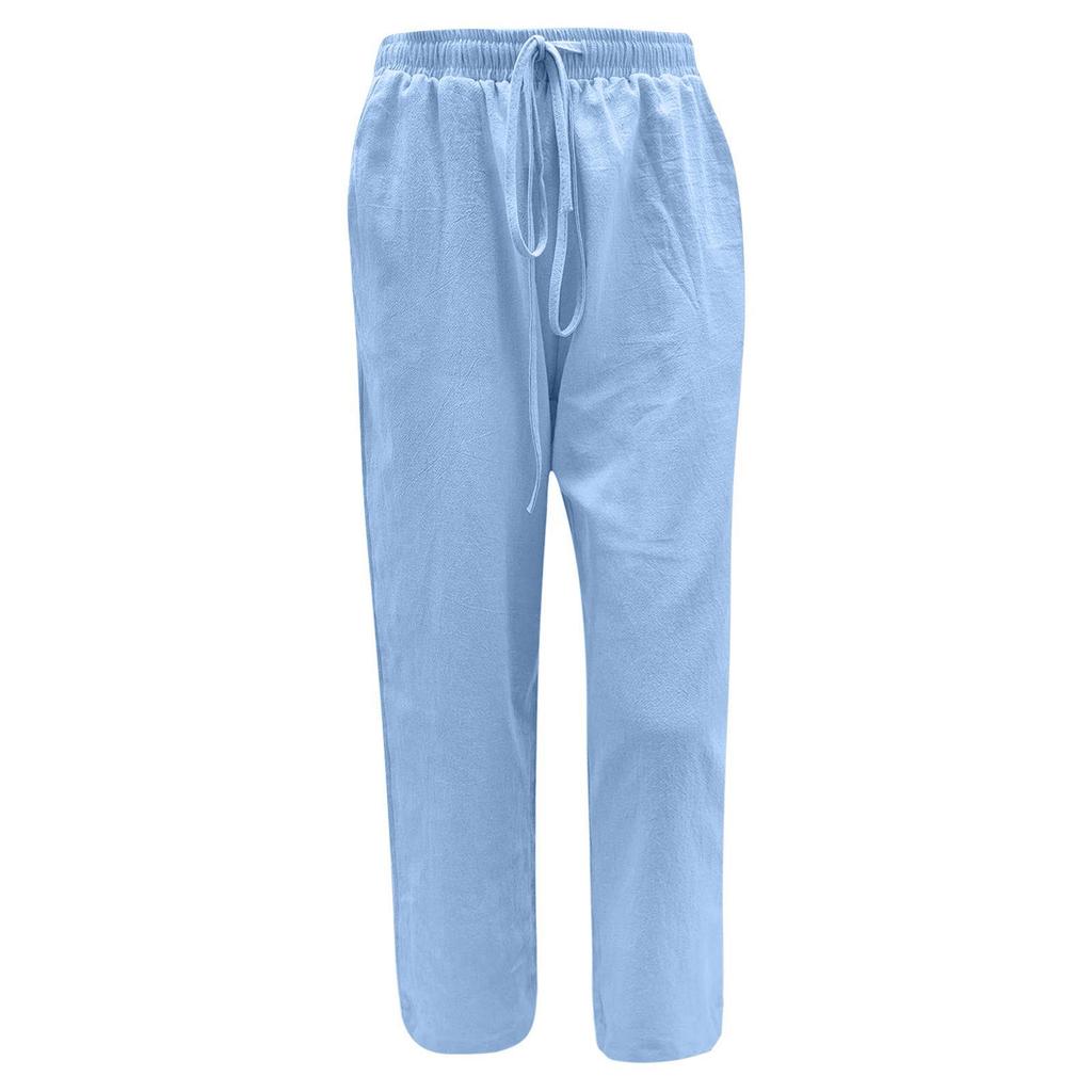 Летние хлопковые льняные широкие брюки, женские свободные брюки-палаццо, повседневные брюки с карманами и эластичной резинкой на талии, пуговицы