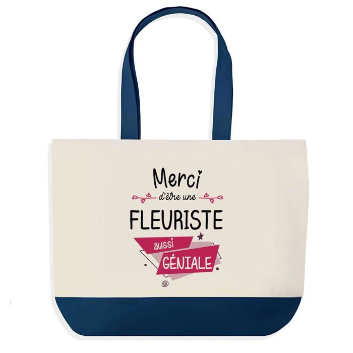 Sac shopping - PLANETEE - Merci Fleuriste Géniale Collègue Départ - Bleu - Coton - 40x45 cm