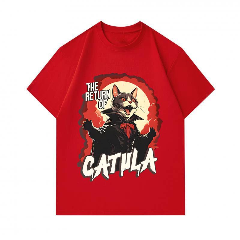 Men's 100% Cotton Crew Neck Short Sleeve T-Shirt, The Return of Catula Vampire Cat Print Casual Halloween Costume Top for Daily Wear
