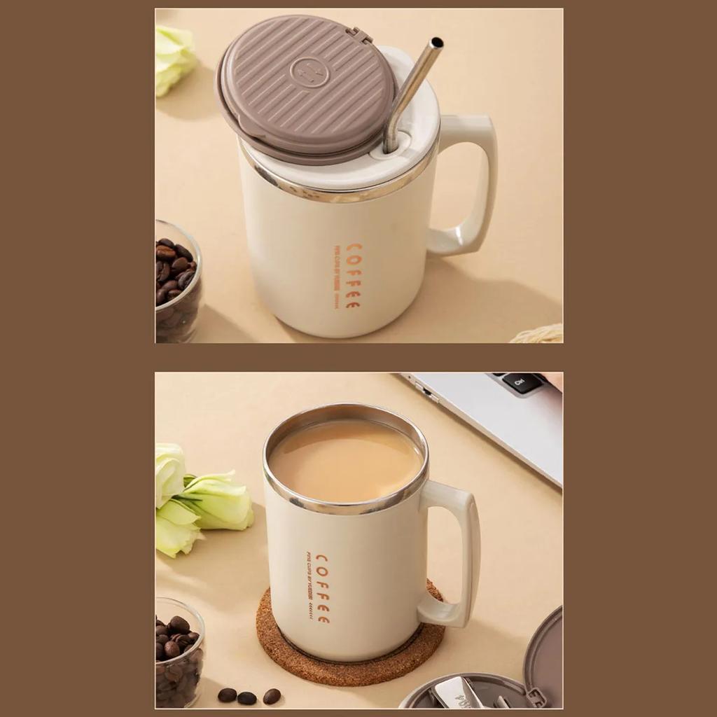 WORTHBUY 480ML Coffee Cups With Straw&Spoon 304 Stainless Steel Reusable Portable Leak-proof Coffee Milk Mug Drinking Cup Trump
