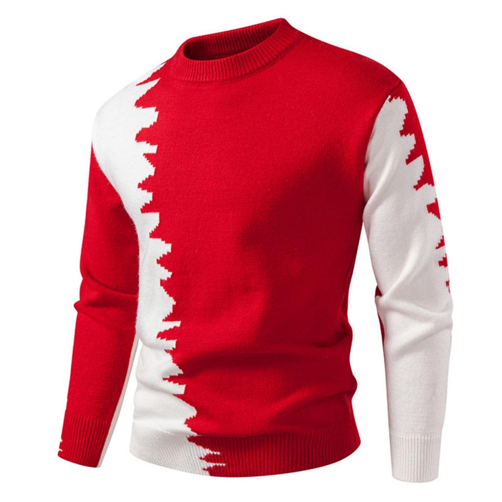 Men's Casual And Trendy Color-blocked Warm Sweater, Fashionable Pullover, With A Round-neck Knitted Sweater Inside