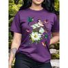 Bird and flower pattern round neck short-sleeved T-shirt, casual fashion top for women