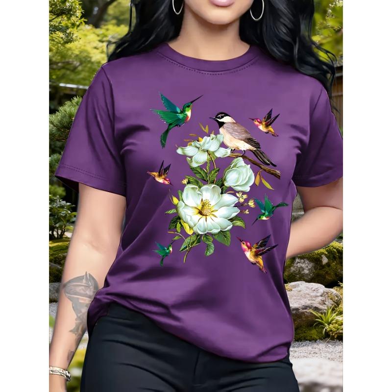 Bird and flower pattern round neck short-sleeved T-shirt, casual fashion top for women