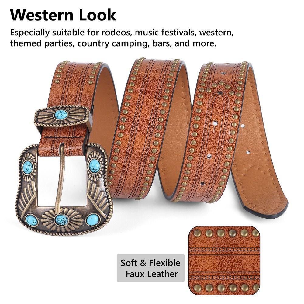 Богемный кожаный ремень с цветочной гравировкой, бирюзовый декор, пряжка, ковбойские деревенские ремни для женщин, женские ремни