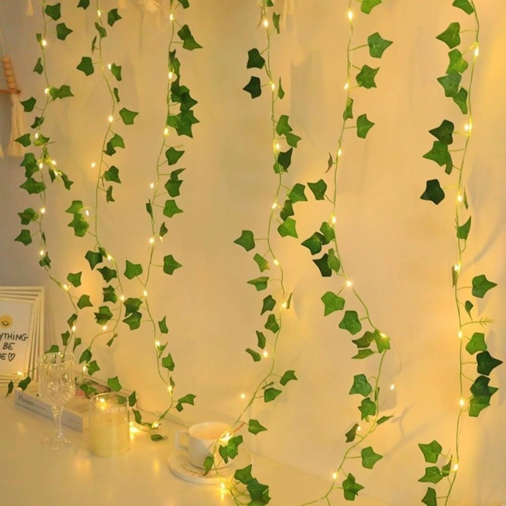 Plastic Leaf Garland String Lights Battery Powered Golden Leaves Artificial Vine Fairy Lights Warm Light Green Leaf