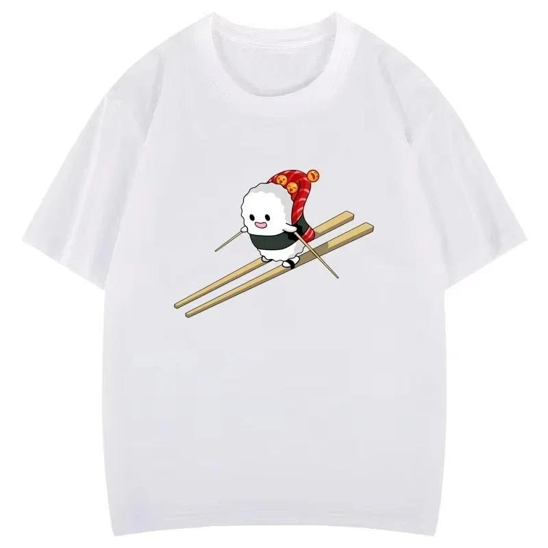 Funny Sushi Ski Cartoon Graphic Tshirt Creative Popular Fashion Aesthetics Print Tops Gothic Hipster Casual Streetwear Women