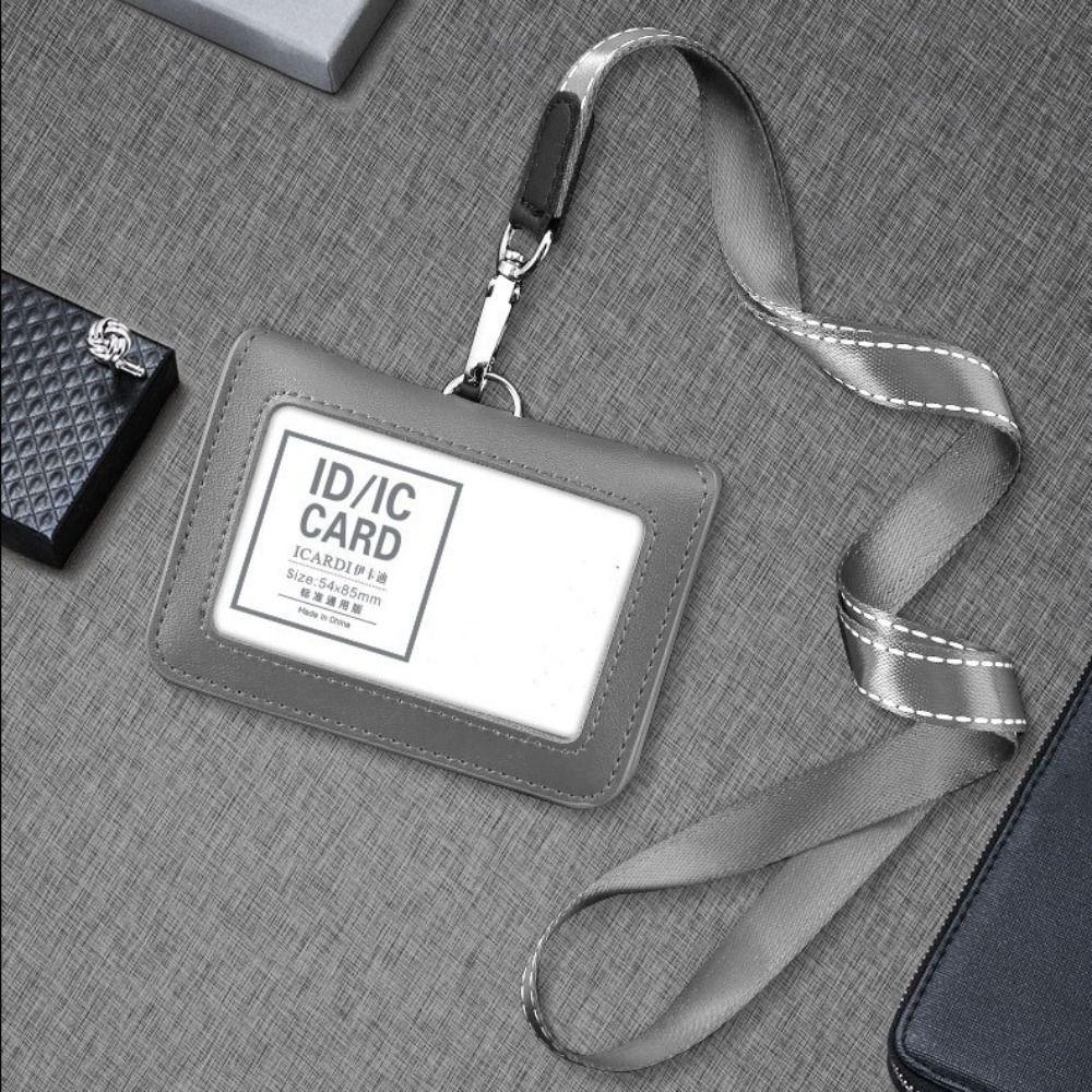 Badge Clip Leather Card Cover With Neck Strap Leather Badge Holder ID Card Holder Work Bank Card