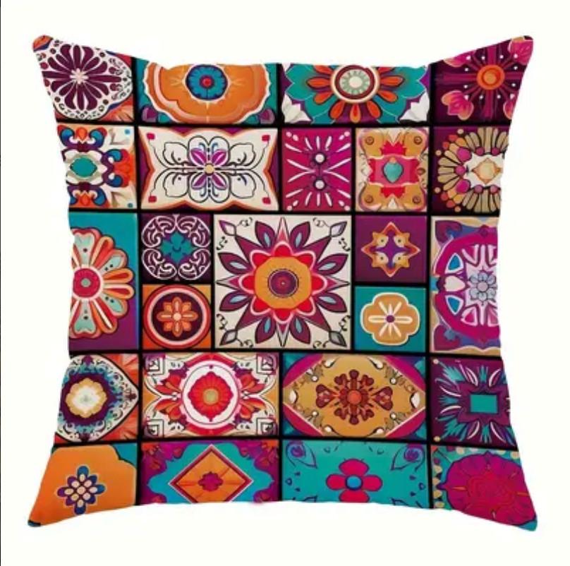 1pc Vibrant Bohemian Mandala and Checkered Pillow Cover-Indoor/Outdoor-Bright Colors