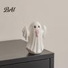 Bedroom Atmosphere Table Lamp Light Up Ceramic Ghost Figurines for Halloween Decor, Cute White Statue Dried Flower Floral Arrangement with Pink