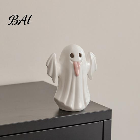 Bedroom Atmosphere Table Lamp Light Up Ceramic Ghost Figurines for Halloween Decor, Cute White Statue Dried Flower Floral Arrangement with Pink