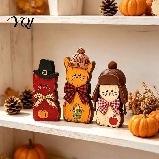 Rustic Wood Cat Figurines 3Pcs Christmas Wooden Ornaments with Hat and Bow Tie, Decorative 2D Thanksgiving Table Centerpieces Flat Tabletop Figurines,