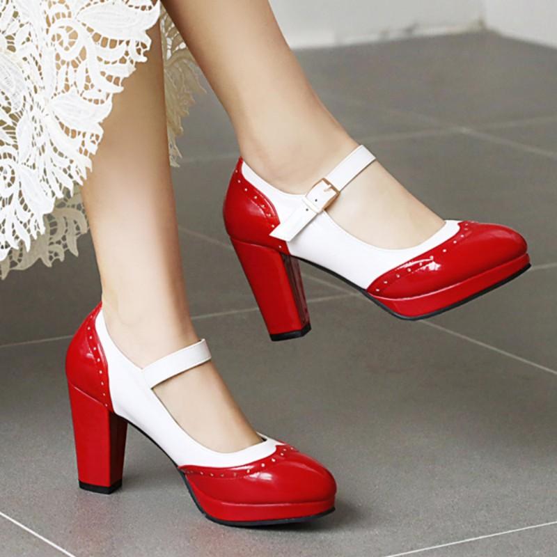 Fashion Sweet High Heels Pumps Mary Janes Shoes Woman Patchwork Patent Straps Women's Heeled Party Office Wedding Shoes Large Size 48