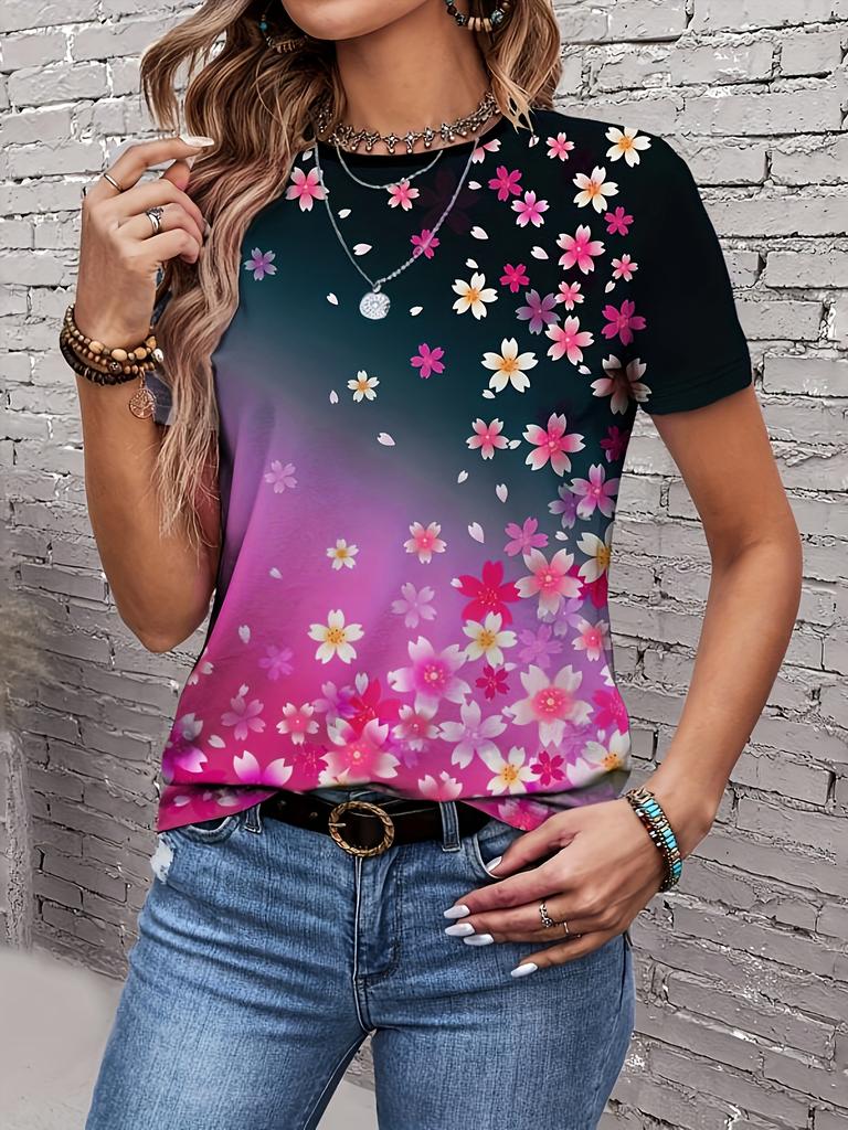 Женская футболка Летняя Повседневная Круглый вырез Короткий рукав 3D принт Цветочный узор Топ Свободная Повседневная одежда Женская футболка