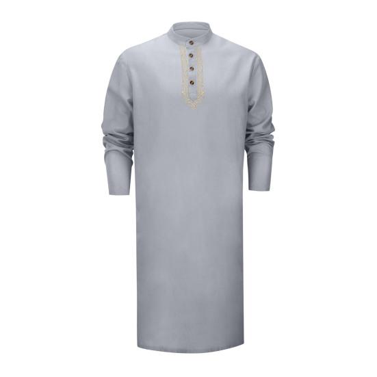 Men's Kaftan Robe O-Neck Long Sleeve Abaya Breathable Button-up Thobe Arabic Ihram Clothing for Casual Occasions Prayers