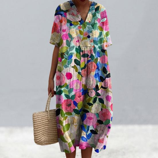 Женское платье с цветочным принтом, платье с коротким рукавом и v-образным вырезом, летнее повседневное платье трапециевидной формы, пуловеры в богемном стиле, платье для вечеринки, повседневная одежда, отпуск