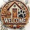 A Cute Puppy Paw Print and House Design Iron Welcome Sign Wall Decor 8x8 Inch Round Metal Artwork for Living Room Bedroom Office