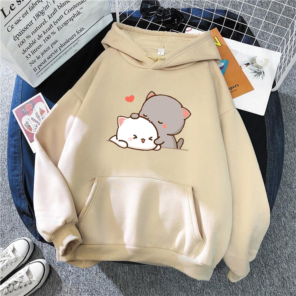 Peach Cat Kawaii Print Women Hoodie Casual Oversized Pullover Popular Streetwear Fashion Sweatshirt Couple Clothing