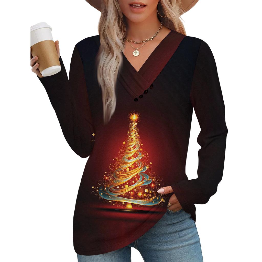 Women's Fashion Casual V-neck Pleated Christmas Long Sleeve Top