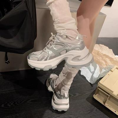 Серебристые кроссовки на толстой подошве для увеличения роста, папины кроссовки для женщин, лето и осень 2025, новые, сетчатые, дышащие, повседневные, универсальные, спортивные туфли для женщин